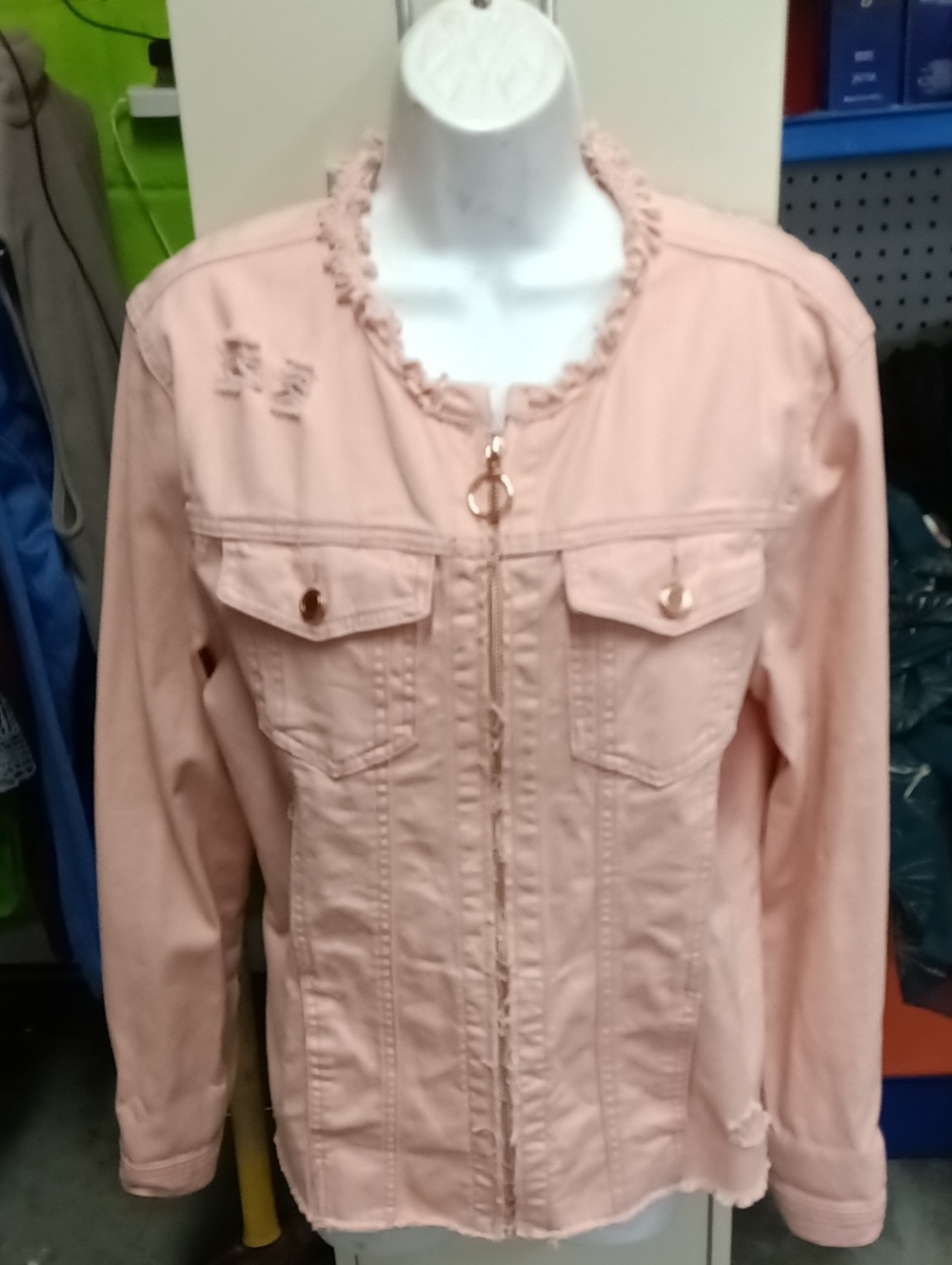 Westbound Blush Pink Zip-Front Jean Jacket with Frayed Trim